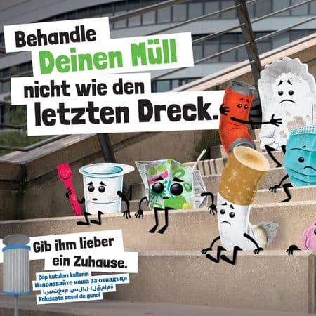 Witzige gezeichnete Verpackungen mit traurigen Gesichtern werben für Abfallvermeidung