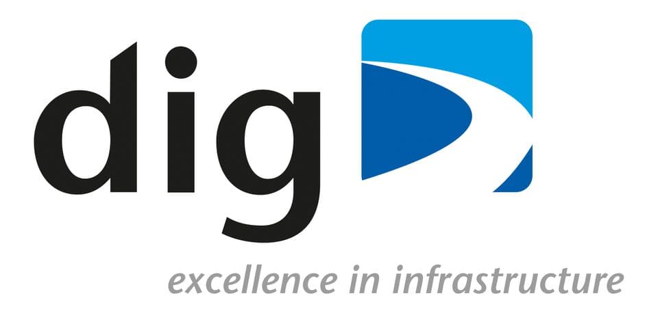 Logo der Firma "dig" mit dem Slogan "excellence in infrastructure" und einem blauen Symbol, das eine stilisierte Straße darstellt.