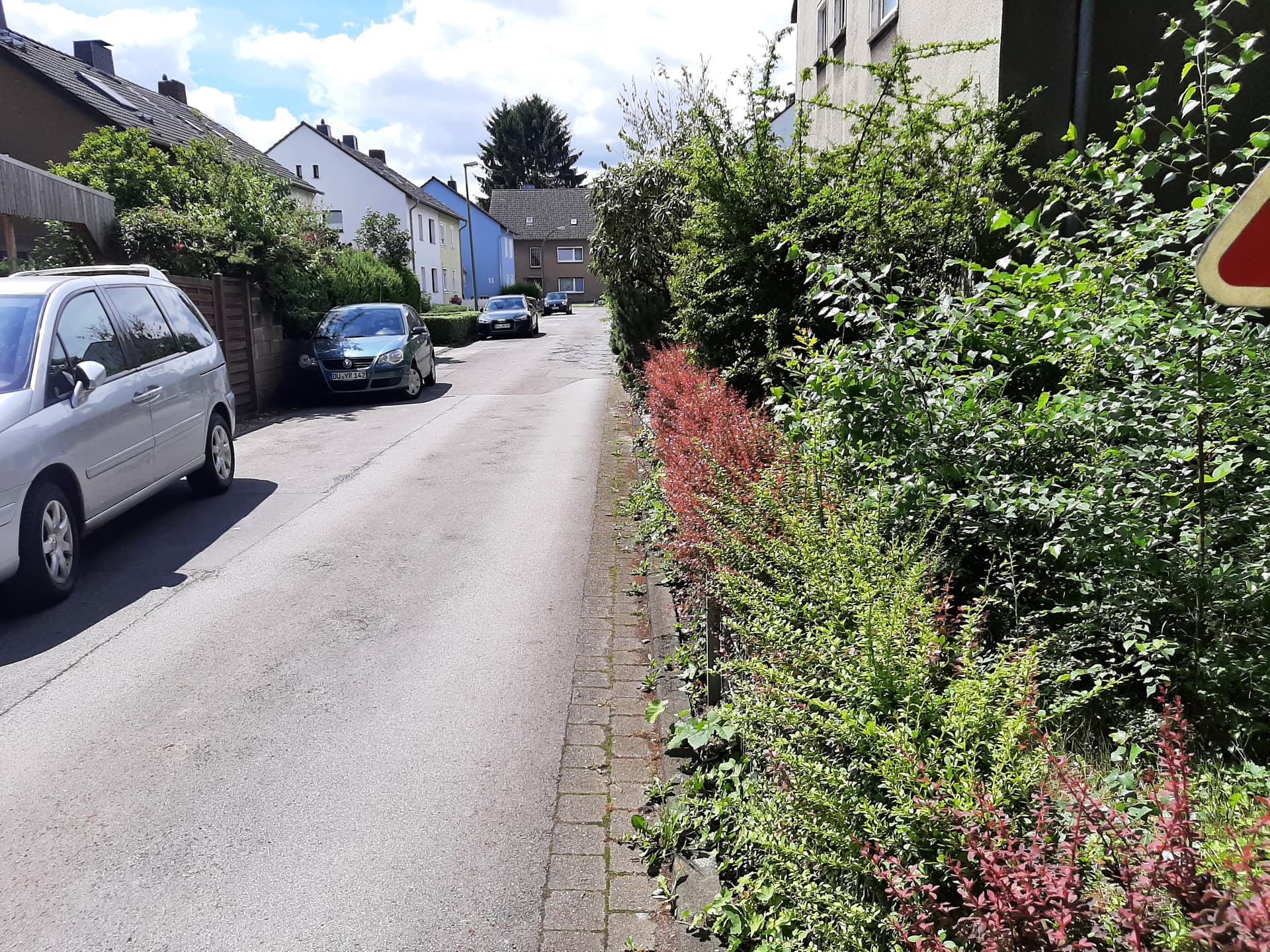 Enge Straße mit Autos, die am Straßenrand stehen