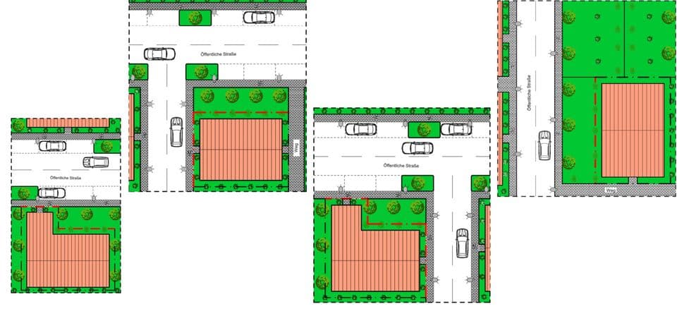 Beispiele Veranlagung Straßenreinigung, man sieht von oben eine Straße und ein Grundstück mit Haus und Grundstücksgrenze