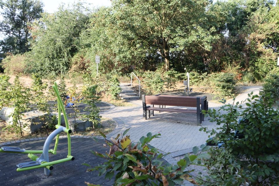 Trainigsgeräte und Bänke zum Ausruhen auf einem Mehrgenerationenspielplatz